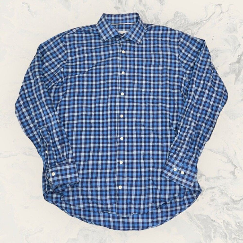 Peter Millar Blue Plaid Cotton Cashmere Long Sleeve Button Down Shirt Mens Large
